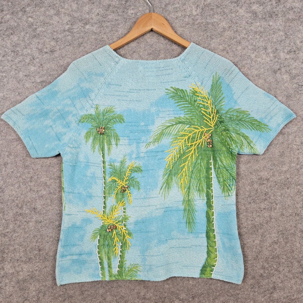 Susan Bristol Women's Blue Cardigan Size L Cotton Blend Palm Trees Rock Coconuts - Picture 10 of 11